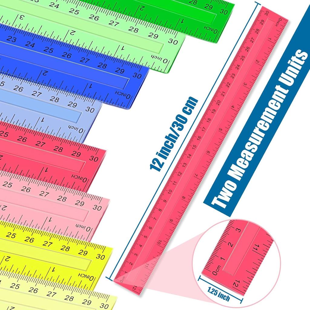12 Inch Plastic Rulers, 32 PCS Transparent Assorted Color Metric Bulk Rulers with Inches Centimeters Millimeter. Measuring Drawing Tool for Kids,