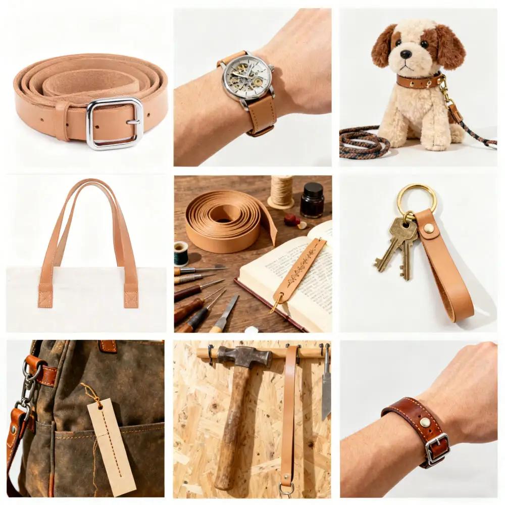 1 Roll 3.5-4mm Vegetable Tanned Leather Strip, Natural Cowhide Strap 1.4-3.9cm x 100-125cm for DIY Belt Bag Craft