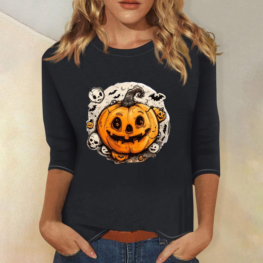 Women's Fashion Casual Three-quarter Sleeve Halloween Printed Round Neck Top