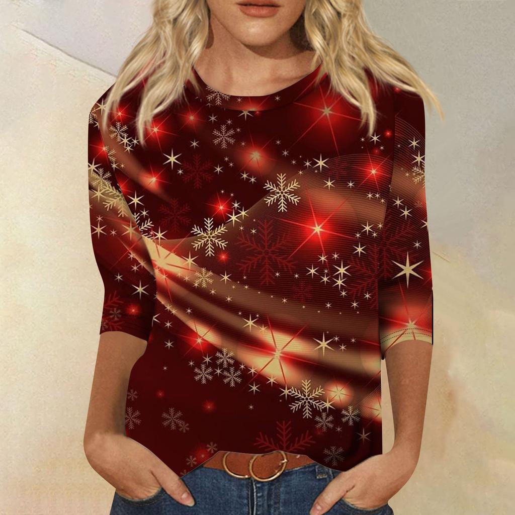 Women's Fashion Casual Seven Sleeve Christmas Printed Round Neck Top