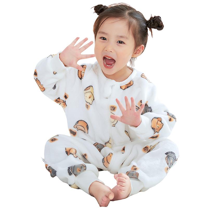 Flannel Cartoon Split Leg Sleeping Bag, Autumn and Winter Cartoon One-piece Pajamas, Children's One-piece Home Clothes