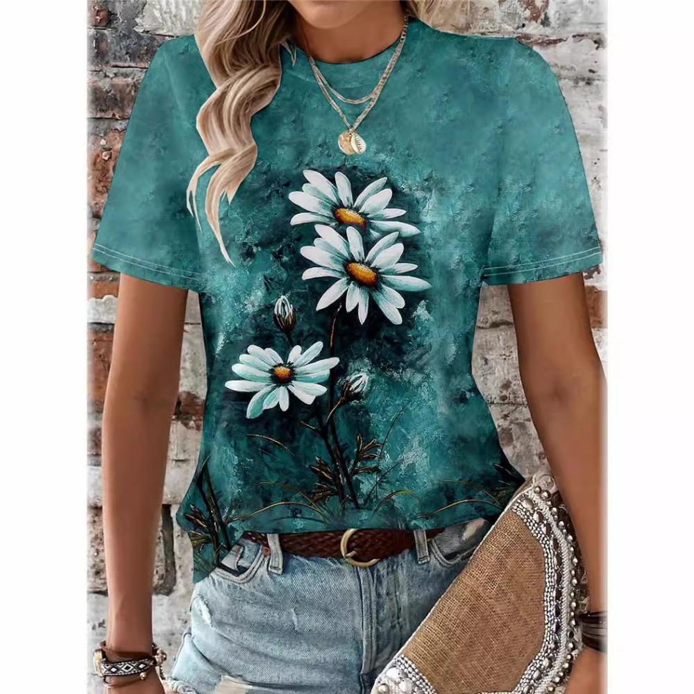 2025 Женская футболка с круглым вырезом и коротким рукавом, летняя, с принтом в виде цветка и растений, свободный и универсальный повседневный женский топ