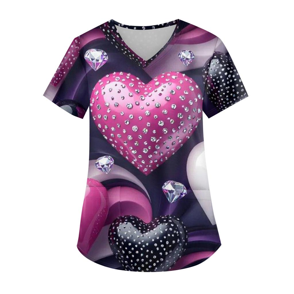 Женская модная футболка с V-образным вырезом, карманом и короткими рукавами с принтом ко Дню святого Валентина, униформа и топ для воспитателя