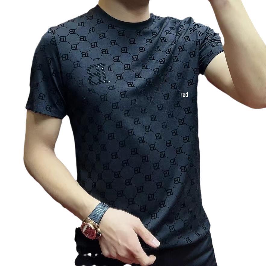 Мужская футболка с принтом и круглым вырезом на весну/лето - Европейский стиль, высокая эластичность, приталенный крой, короткий рукав, дизайн с буквами
