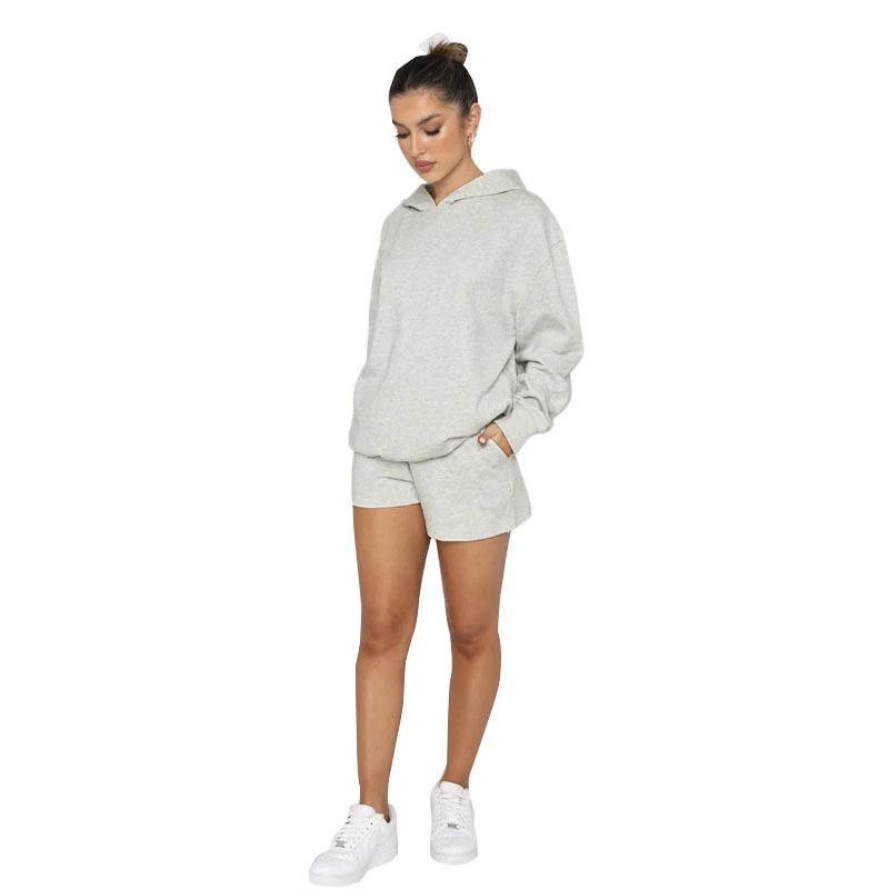 211280 autumn and winter new products European and American solid color pullover hooded long-sleeved sweater women's fashion casual shorts set