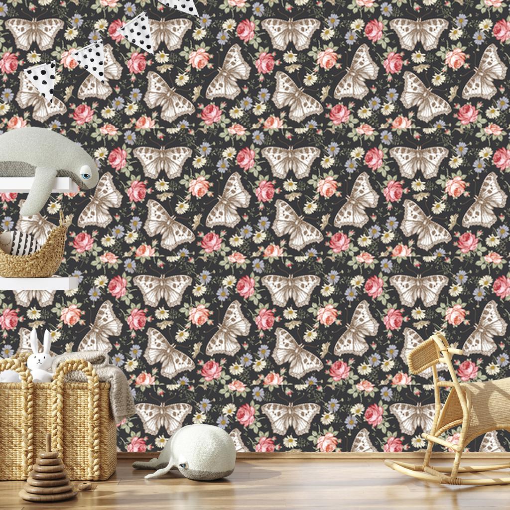 Wallpaper Butterflies Roses Flowers and Leaves for Living Room and Bedroom 50x1000