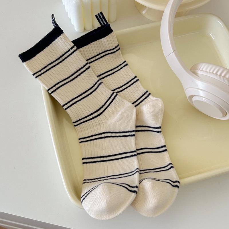 Women's Striped Mid-Calf and Over-the-Knee Socks: Trendy Color Block, Double Needle Design with Heel Fabric Label