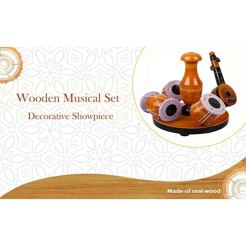 Handcrafted Traditions of South India Wooden Tabla & Veena Showpiece for Home Decor,Vintage Wooden Musical Showpiece.