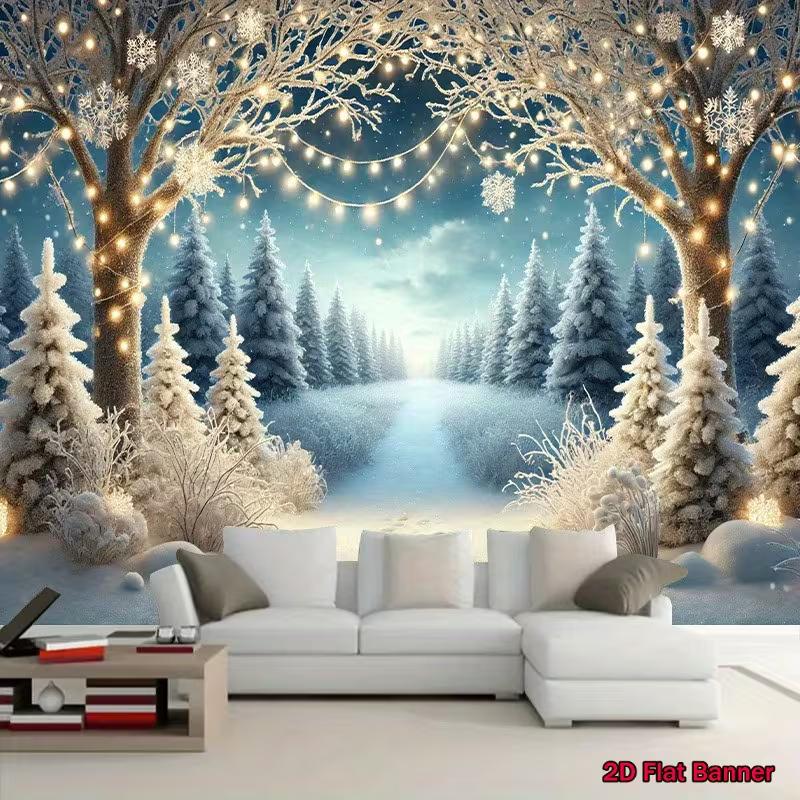 2D Magical Winter Night Backdrop Snowflake Forest Photography Background
