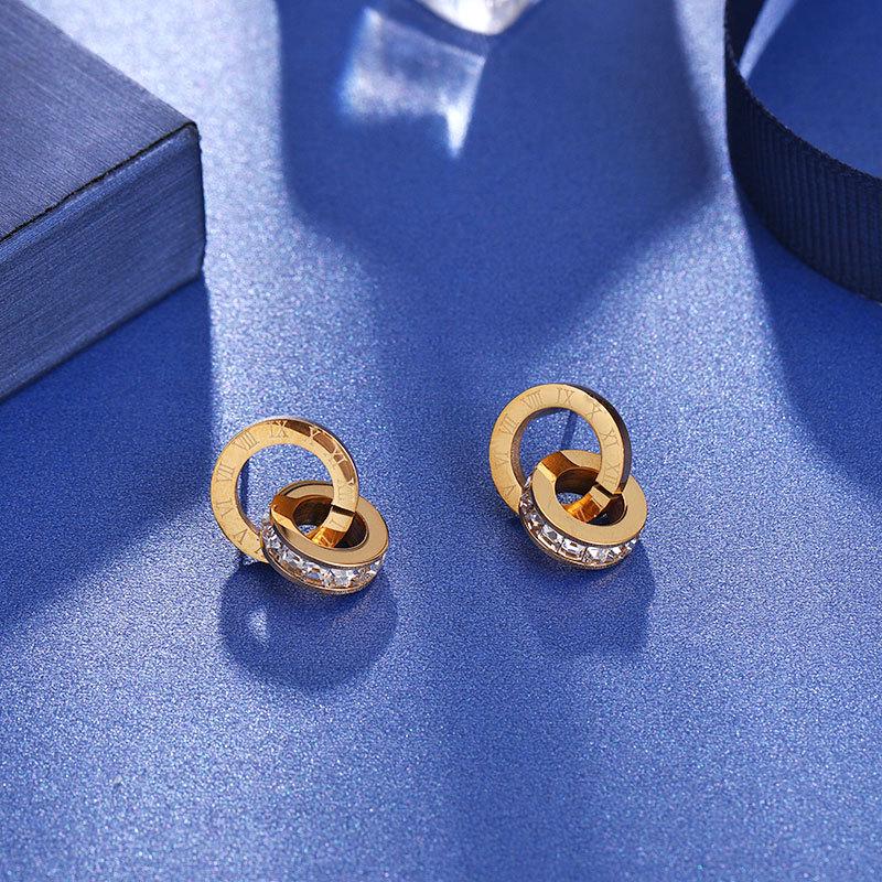 Серьги-пусеты с бриллиантами из титановой стали цвета розового золота и серьги-подвески с двойными кольцами для женщин