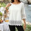Женская блузка с кружевной вставкой, повседневная, свободного кроя, с круглым вырезом и рукавом до локтя