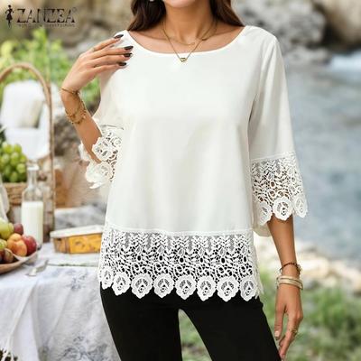 Женская блузка с кружевной вставкой, повседневная, свободного кроя, с круглым вырезом и рукавом до локтя