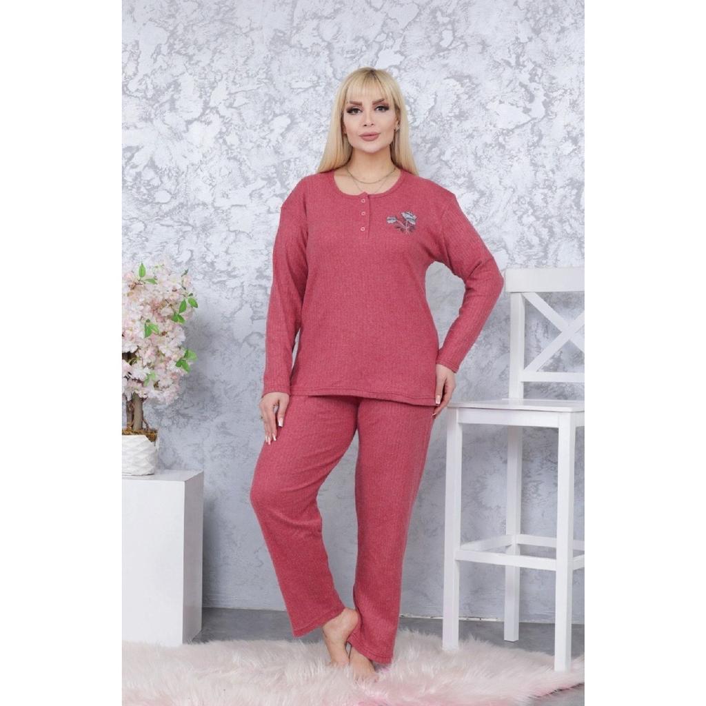 Wide Fit Mother's Winter Long Sleeve Green Plus Size Pajama Set - Single Flower