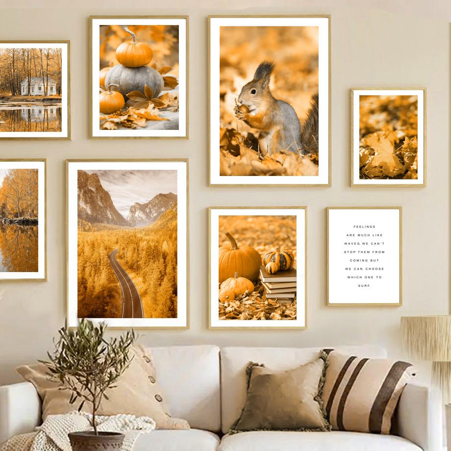 Autumn Forest Highway Lake Pumpkin Squirrel Village Nordic Poster Wall Art Print Canvas Painting Wall Pictures For Bedroom Decor