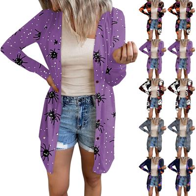 Женский повседневный кардиган, топ с длинными рукавами и карманами с принтом на Хэллоуин