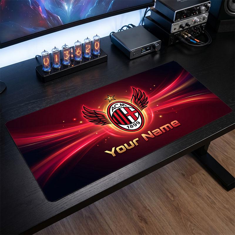 AC Milan Custom Large Mouse Pad, Personalized Name Text Print, Football Logo Non‑Slip Desk Mat Gaming Gift
