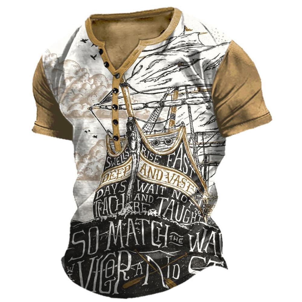 Винтажная футболка для мужчин, рубашка на пуговицах с 3D принтом, готическая хлопковая футболка с v-образным вырезом, большие топы с короткими рукавами, футболки, мужская уличная одежда в стиле панк