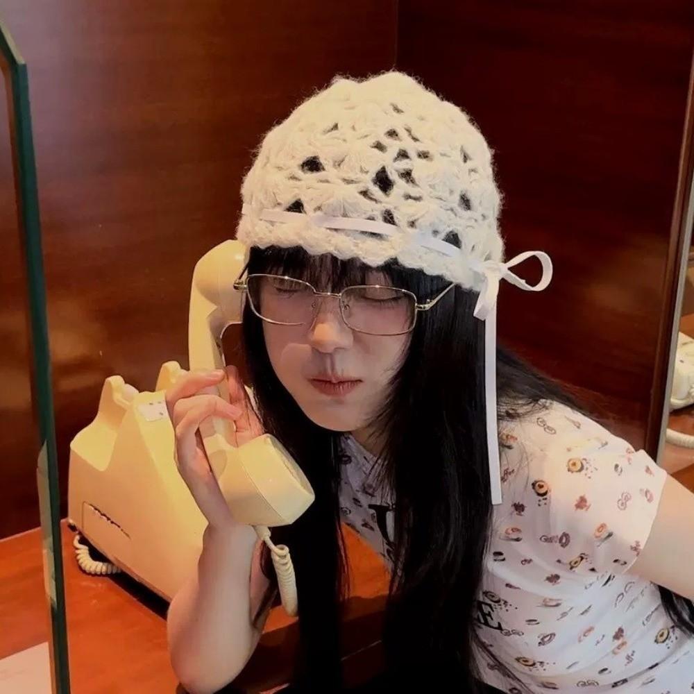 Bohemian Style Knit Beanies Bow Weave Cap Cute Crochet Hollow Knitted Hat Apparel Accessories