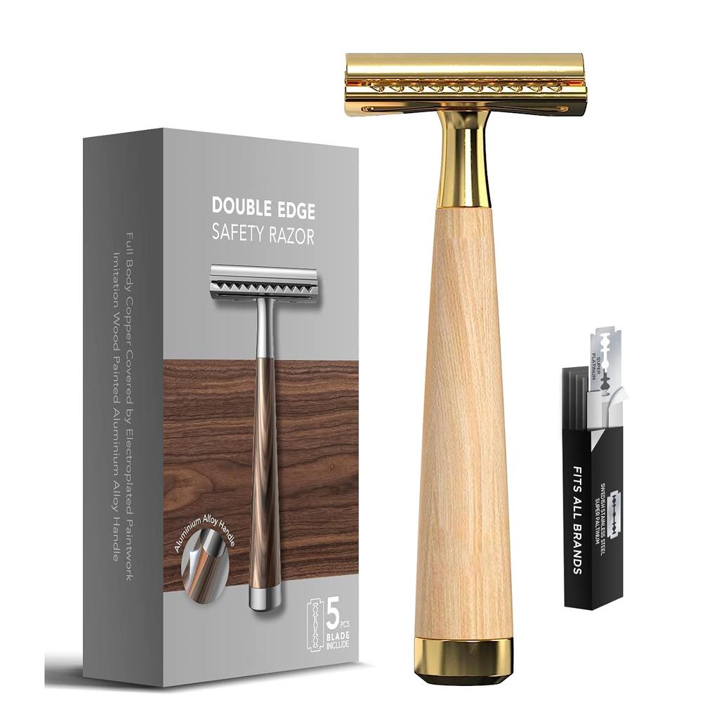 Classic Men's Safety Razor with Wood Grain Handle + 5 Blade Refills - Close Shaving for Wet Shaving Routine, Eco-Friendly Gifts for Men