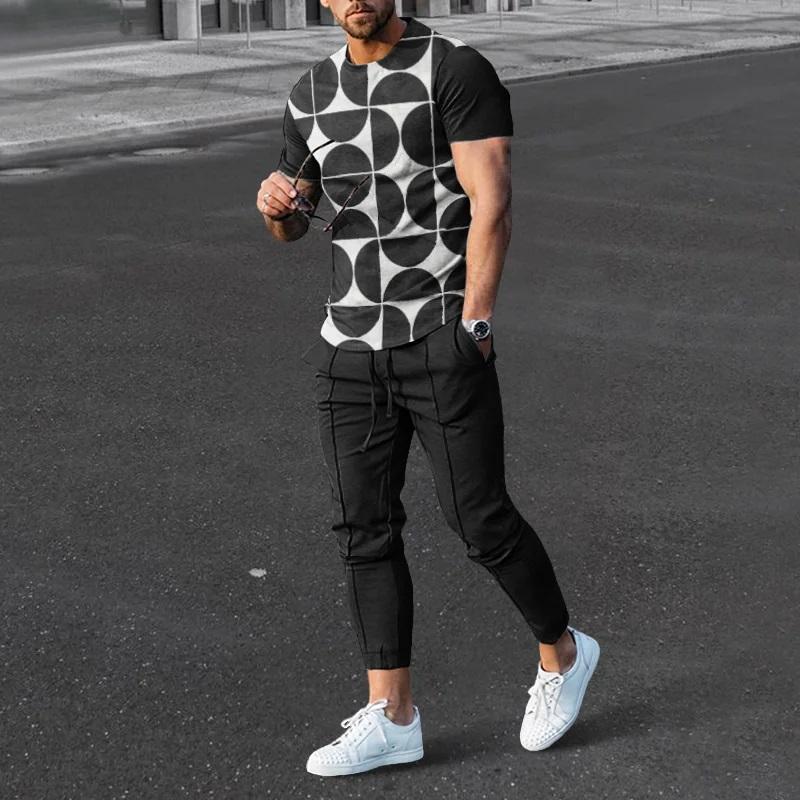 Летняя мужская футболка, длинные брюки, спортивный костюм, футболки с геометрическим 3D принтом, комплект брюк, комплект из 2 предметов, уличная одежда, костюмы больших размеров, спортивная одежда