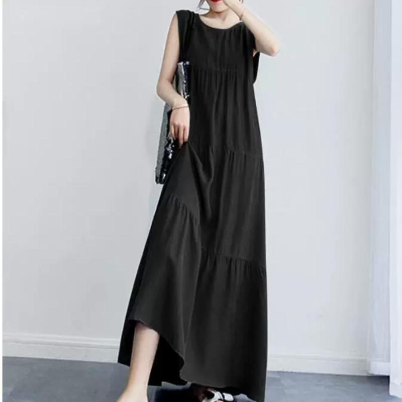 Stylish Women's Tiered Sundress Solid Summer Dress Casual Sleeveless O-neck Robe Oversized Dress