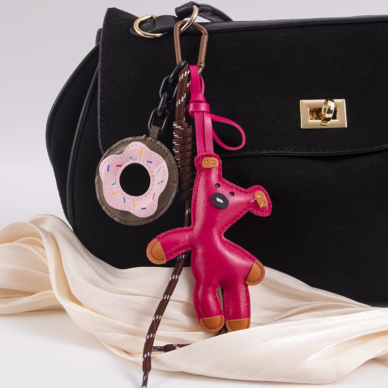 Vintage PU Leather Bear Sweet Donut Pendant Hanging Ornament Backpack Charm For Men Women Bag Charm