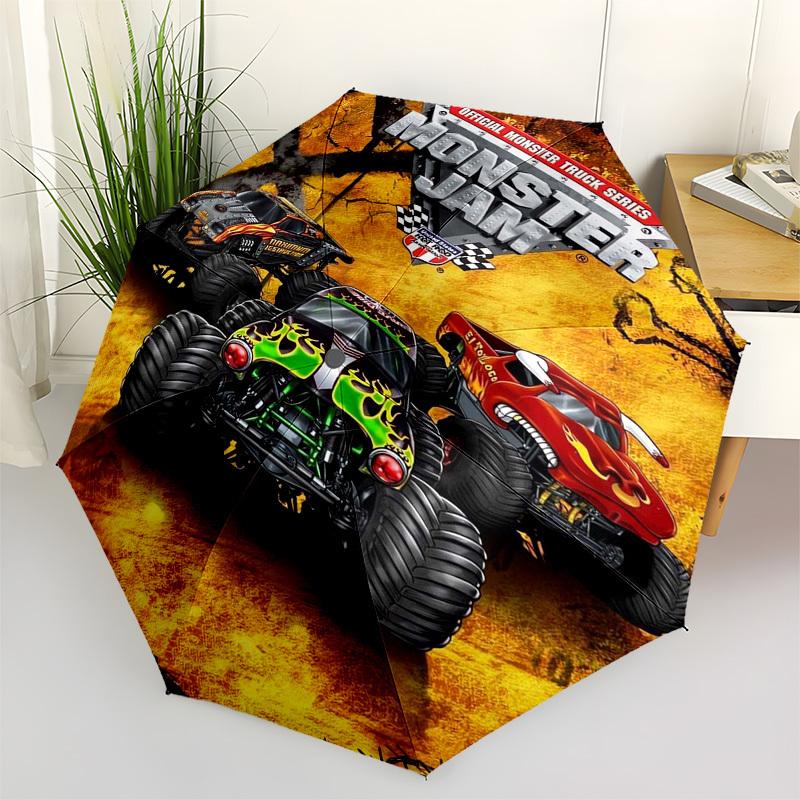 Monster Jam, Monster Trucks Themed Automatic Opening and Closing Umbrella, Compact Travel Umbrella, Lightweight and Portable, Suitable for B