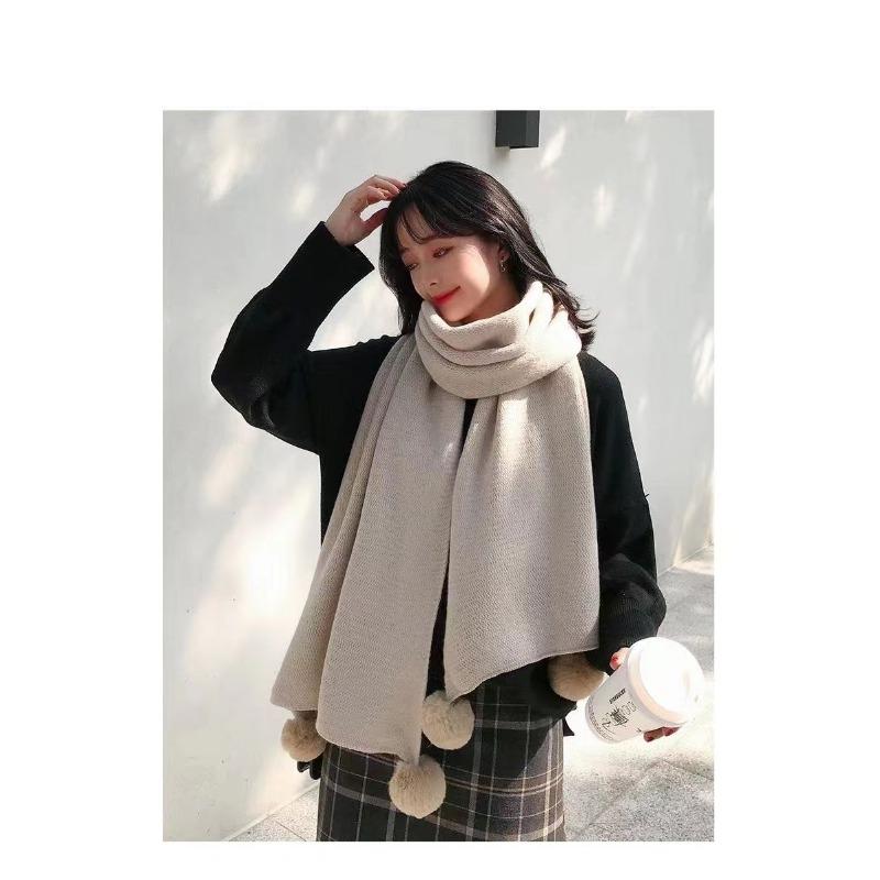 Scarf Winter New Korean Version Baiqiu Winter Solid Color Student White Hanging Ball Knitted Wool Winter Girl Scarf