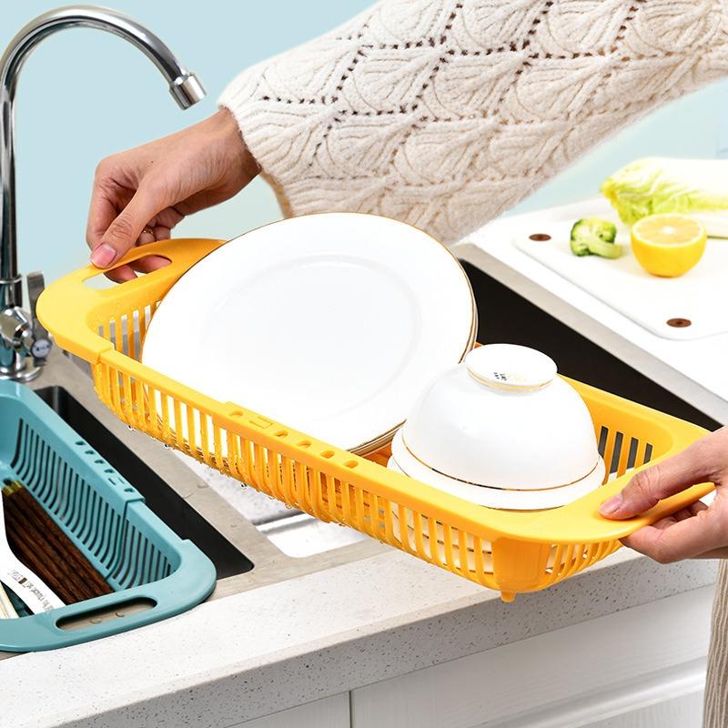 Kitchen Retractable Drain Basket Tableware Storage Racks Fruits Vegetables Cleaning Basin Plastics Water Channel Drain Basket