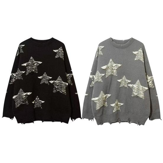 Women Preppy Star Oversized Sweater Loose Fit O-Neck Long Sleeve Pullover Sweater