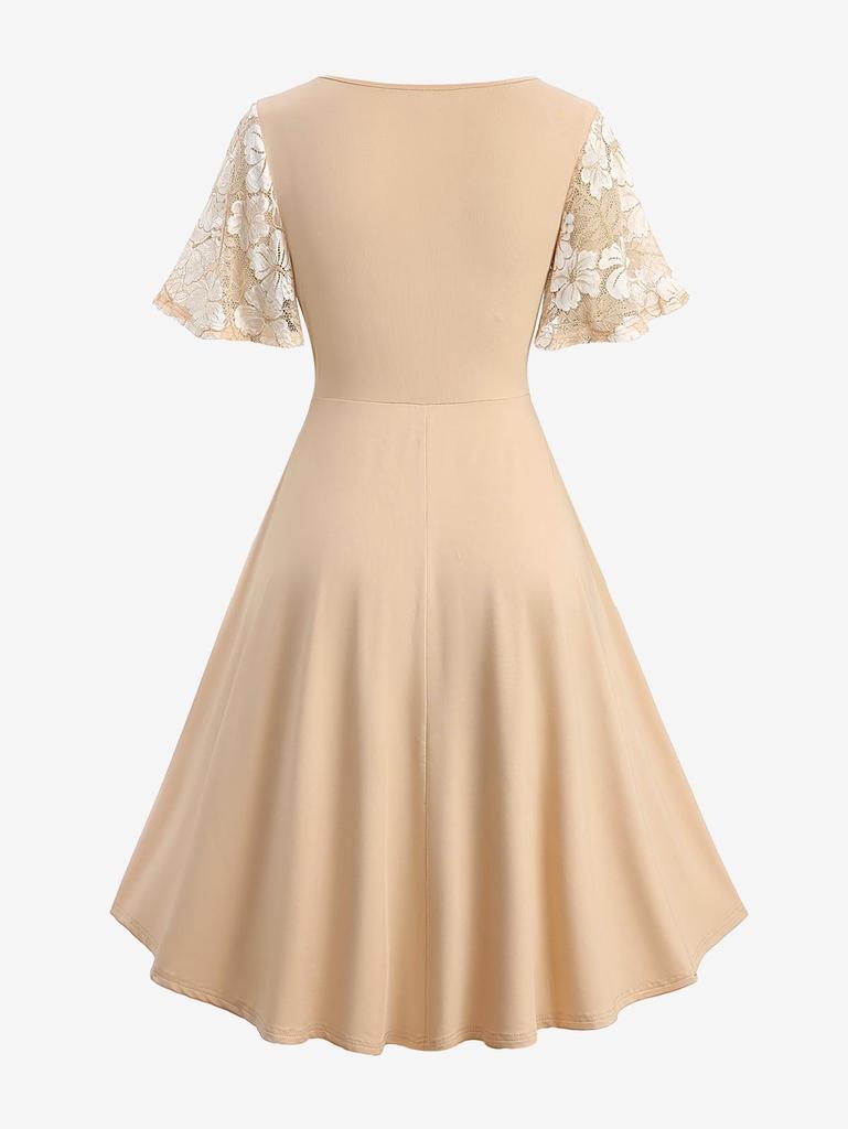 Rosegal Plus Size Цветочные кружевные вставки Золотая линия Сборка Многослойное платье А-силуэта