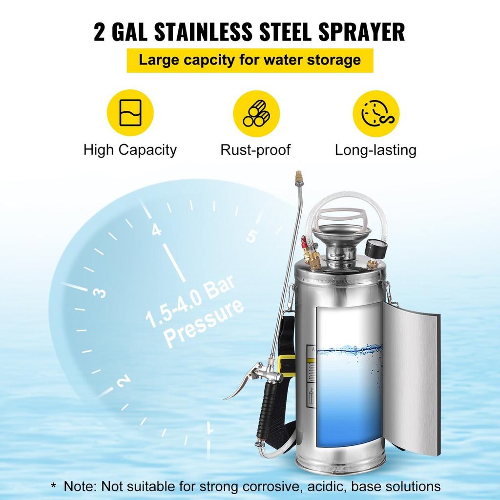 Stainless Steel Sprayer 8L Household Gardening and Floor Cleaning Sprayer, Suitable for the Current Neds of Industry, Agriculture, Commerce, Medicine