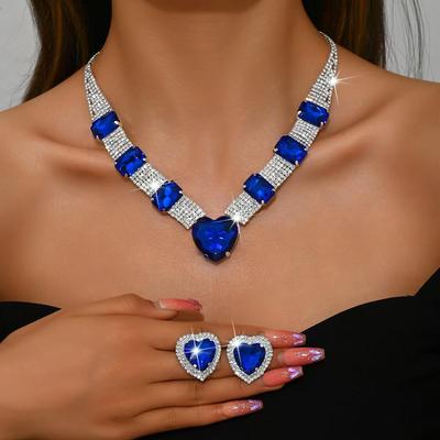 Комплект «Королевский сапфир» - Ожерелье + Кольца | Вечерние украшения в форме сердца | Синий камень
