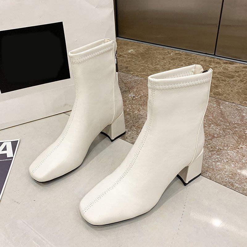 Женские однотонные модные туфли на высоком каблуке с застежкой-молнией сзади Модные ботинки Высокие ботинки Кожаные туфли Ботинки средней высоты Женская обувь