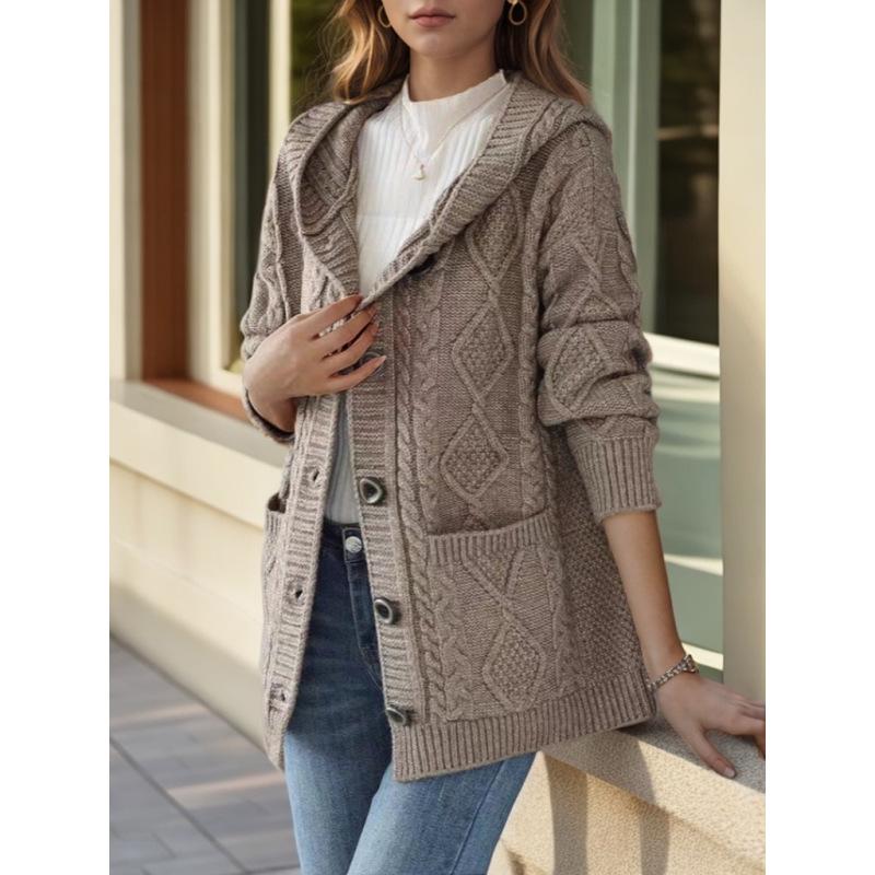 Tooxika Женская одежда 2024 Осень и зима Новый ретро жаккардовый однотонный вязаный кардиган женский повседневный свитер с капюшоном куртка