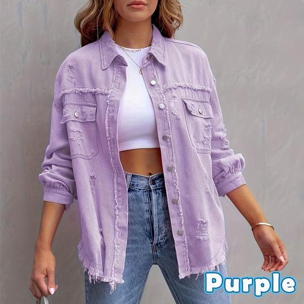 Jackets for Women Basic Distressed Ripped Fringe Denim Tops Casual Solid Color Long Sleeve Button Jean Coat