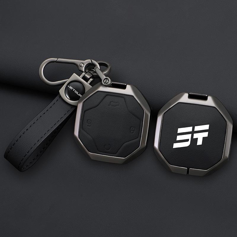 Auto Key Fob Cover Case Mount Housing Fit For Chery Auto Jetour Traveller Jetour T2 Zinc Alloy Genuine Leather Protect Key Ring Auto Accessories