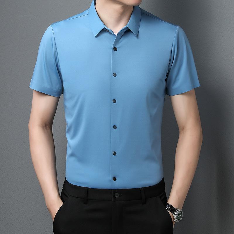 Летняя новая бесшовная рубашка с тесьмой, мужская, с короткими рукавами, модная, эластичная, однотонная, деловая, не требующая глажки, мужская рубашка
