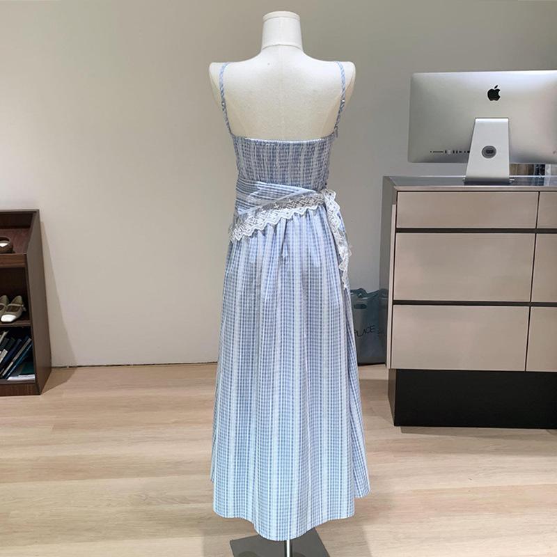 Женская мода новое клетчатое платье с талией и кружевным бантом на шее