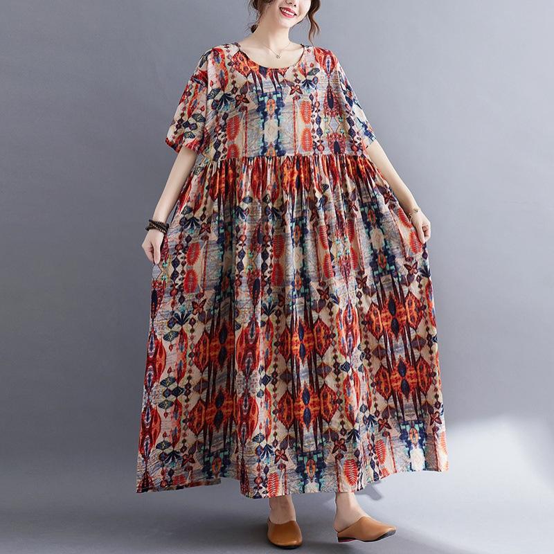 Летнее литературное платье свободного покроя из хлопка и льна с принтом и короткими рукавами для женщин