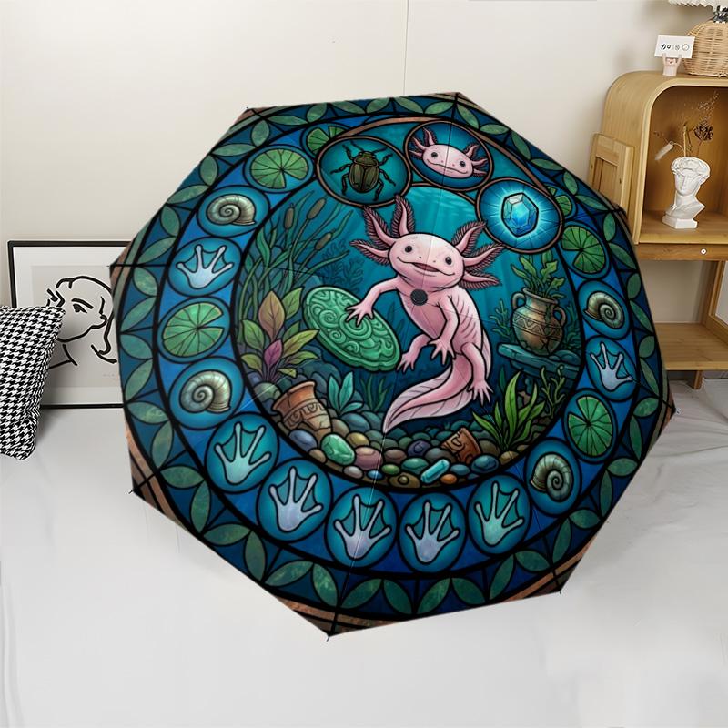 Axolotl Glass Window pattern umbrella, portable and foldable design, 8 ribs, a casual accessory for Halloween, Christmas, and birthday gifts.