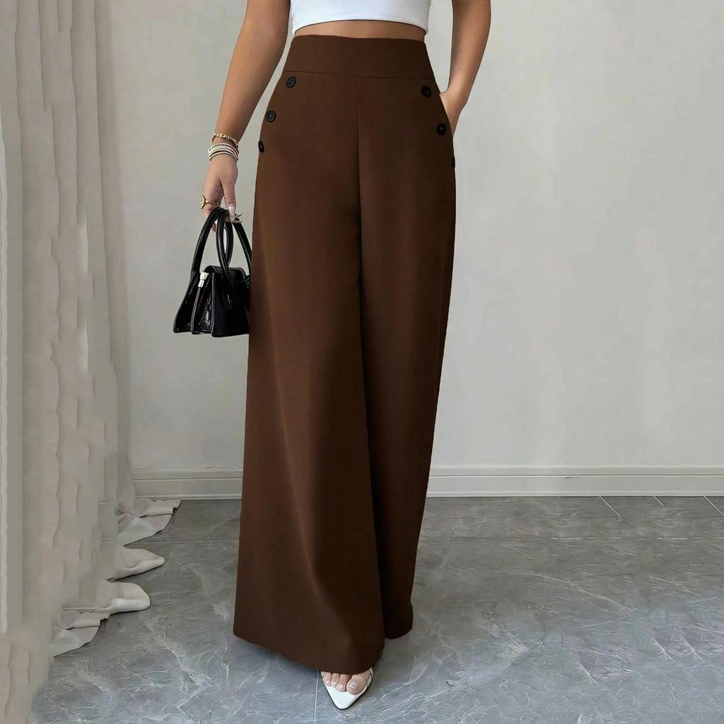 Женские брюки с высокой талией и широкими штанинами, двойная пуговица, свободный крой, прямые брюки, повседневный стиль