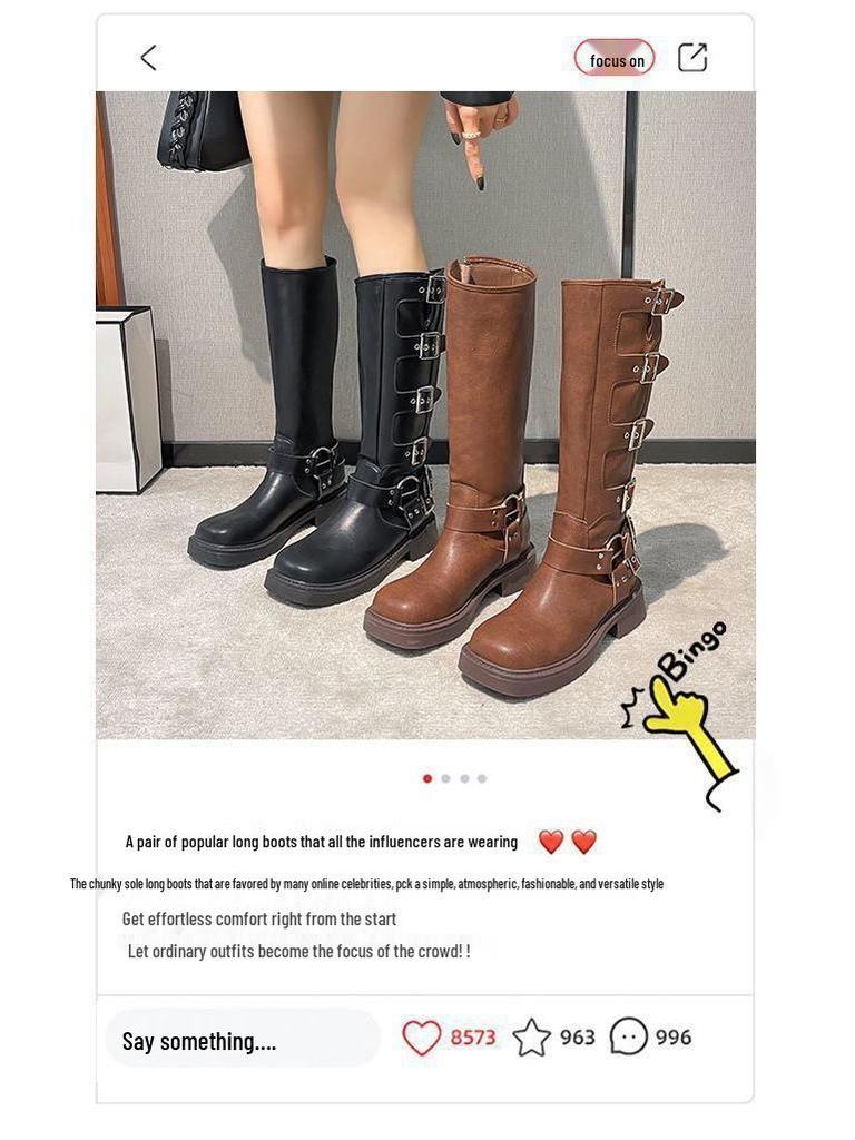 Women's Vintage Brown Over-the-Knee Western Boots with Belt Buckle and Chunky Heel for Spring/Summer