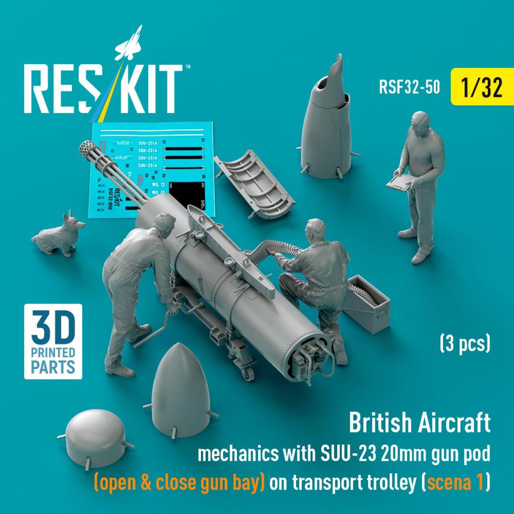 Reskit British Mechanic Gunpod Trolley 3D Printer Resin Kit 1/32 w/SUU-23 & "Type 1" (3 Pieces) RSKF32-0050 (Airplane)
