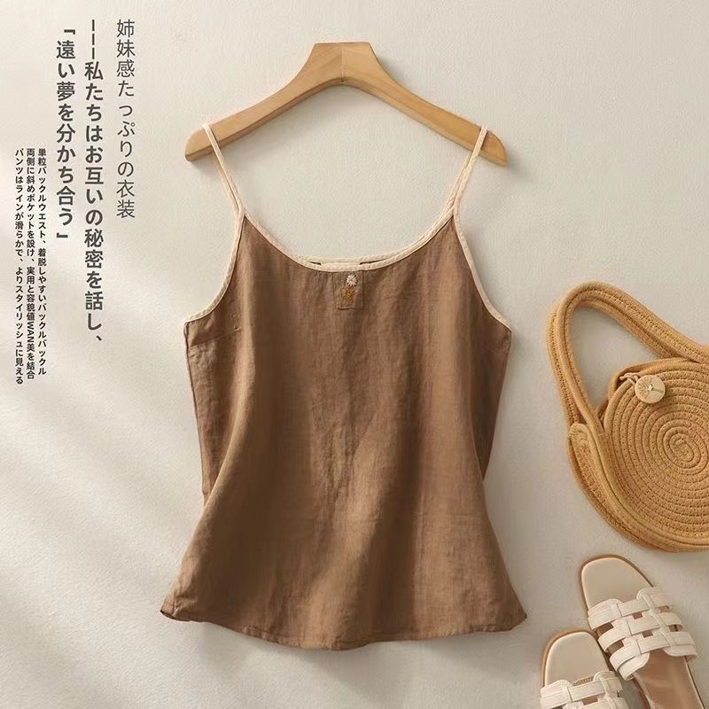 Винтажный вышитый льняной топ-комбинезон для женщин, летний свободный повседневный простой топ без рукавов