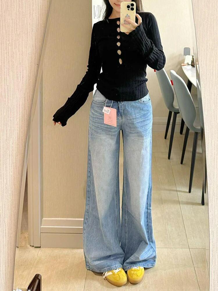 Plus Size High Waist Washed Wide Leg Jeans - Women's Slimming, Floor-Length, Straight Fit