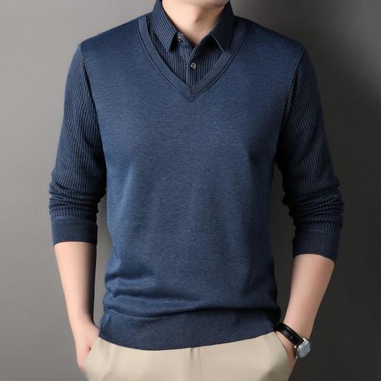 Мужской свитер, имитация двухсекционной рубашки и свитера, формальный деловой стиль, отложной воротник, длинные рукава, полосатый офисный топ на осень и весну