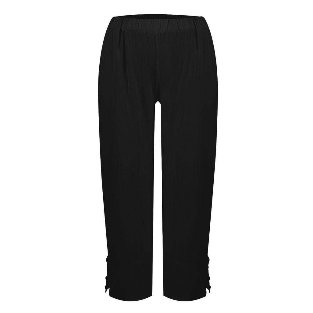 Женские летние модные свободные повседневные однотонные брюки из хлопка и льна с разрезом на пуговицах и карманами