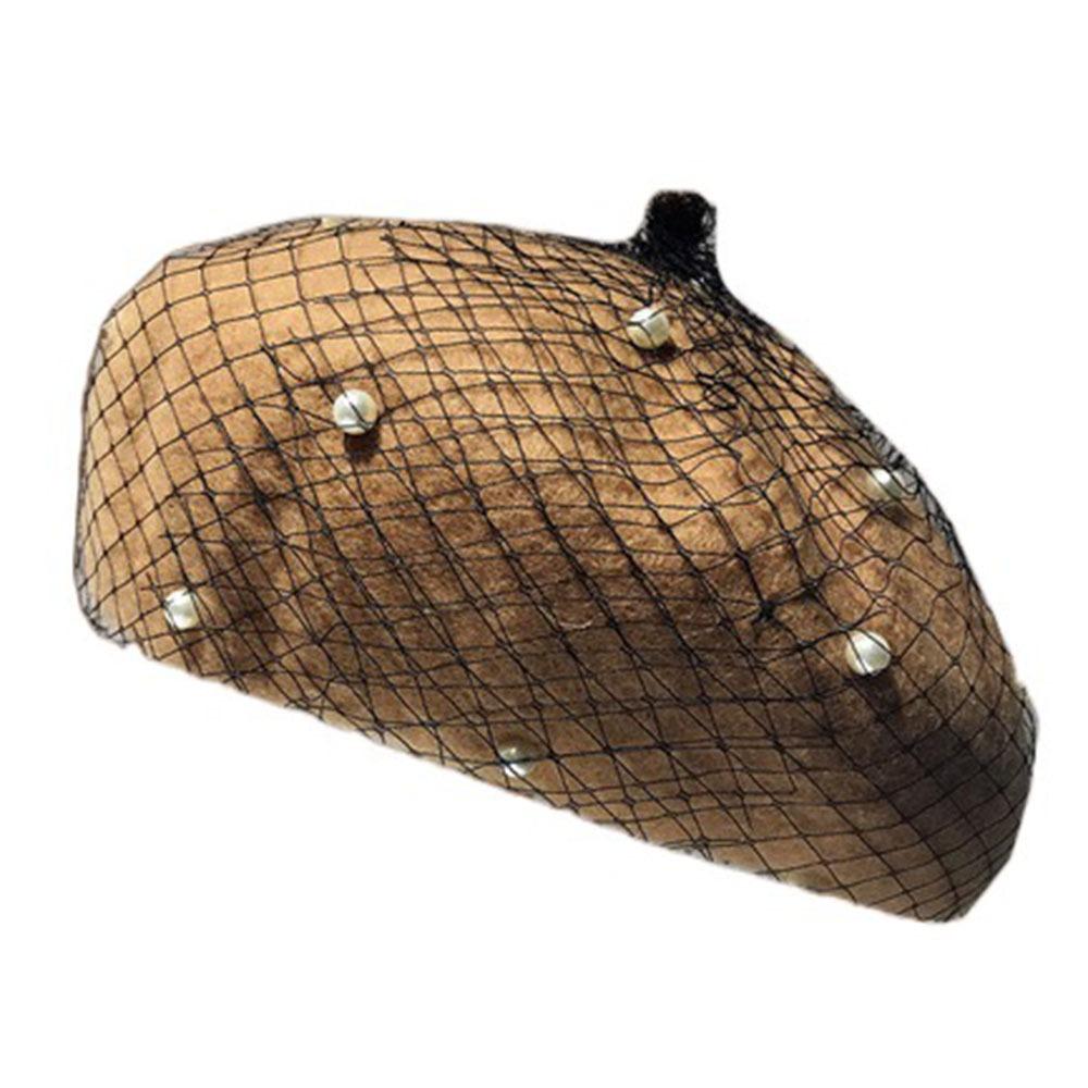 Берет из жемчужной шерсти для женщин с сетчатой вуалью Шапки-бини Тыквенная шляпа Шляпа художника Девушки