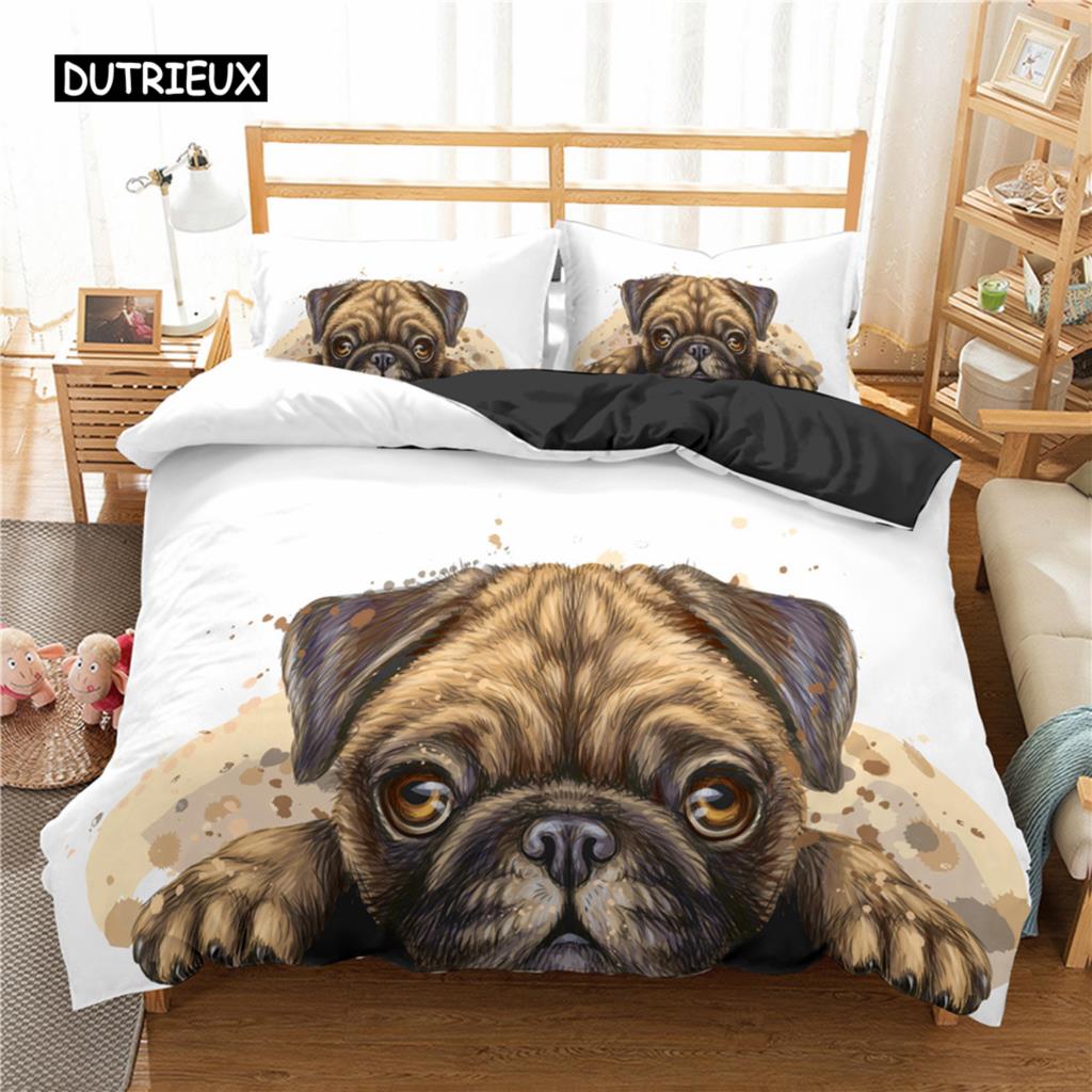 Cute Animal Bedding Set Cartoon Pug Dog Duvet Cover Sets Kids Comforter Cover Queen King Twin Single Size Polyester Quilt Cover